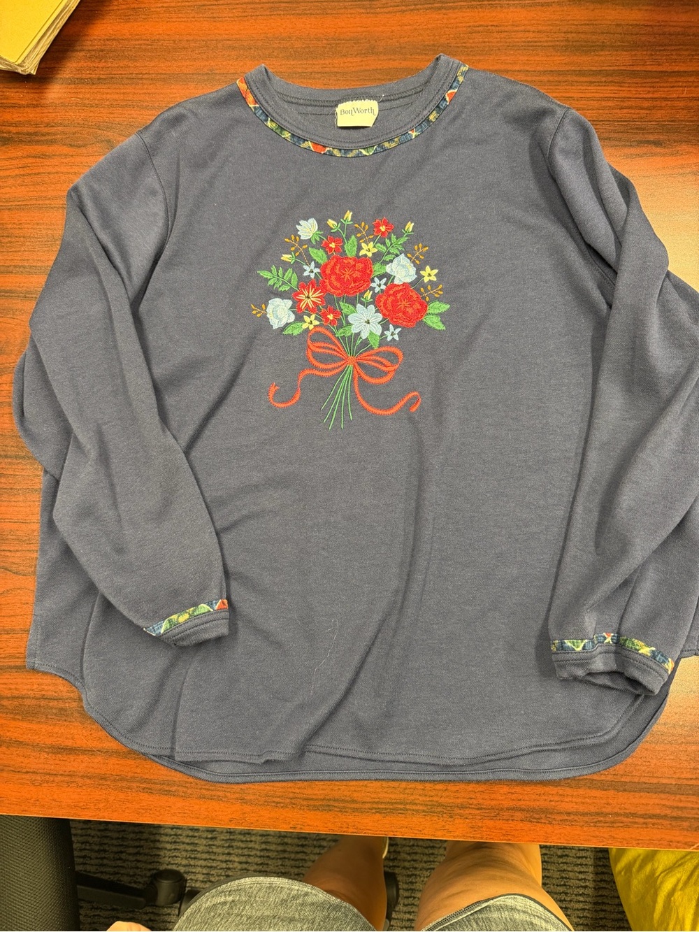 Bon Worth Navy Crewneck Sweater with Embroidered Floral Bouquet